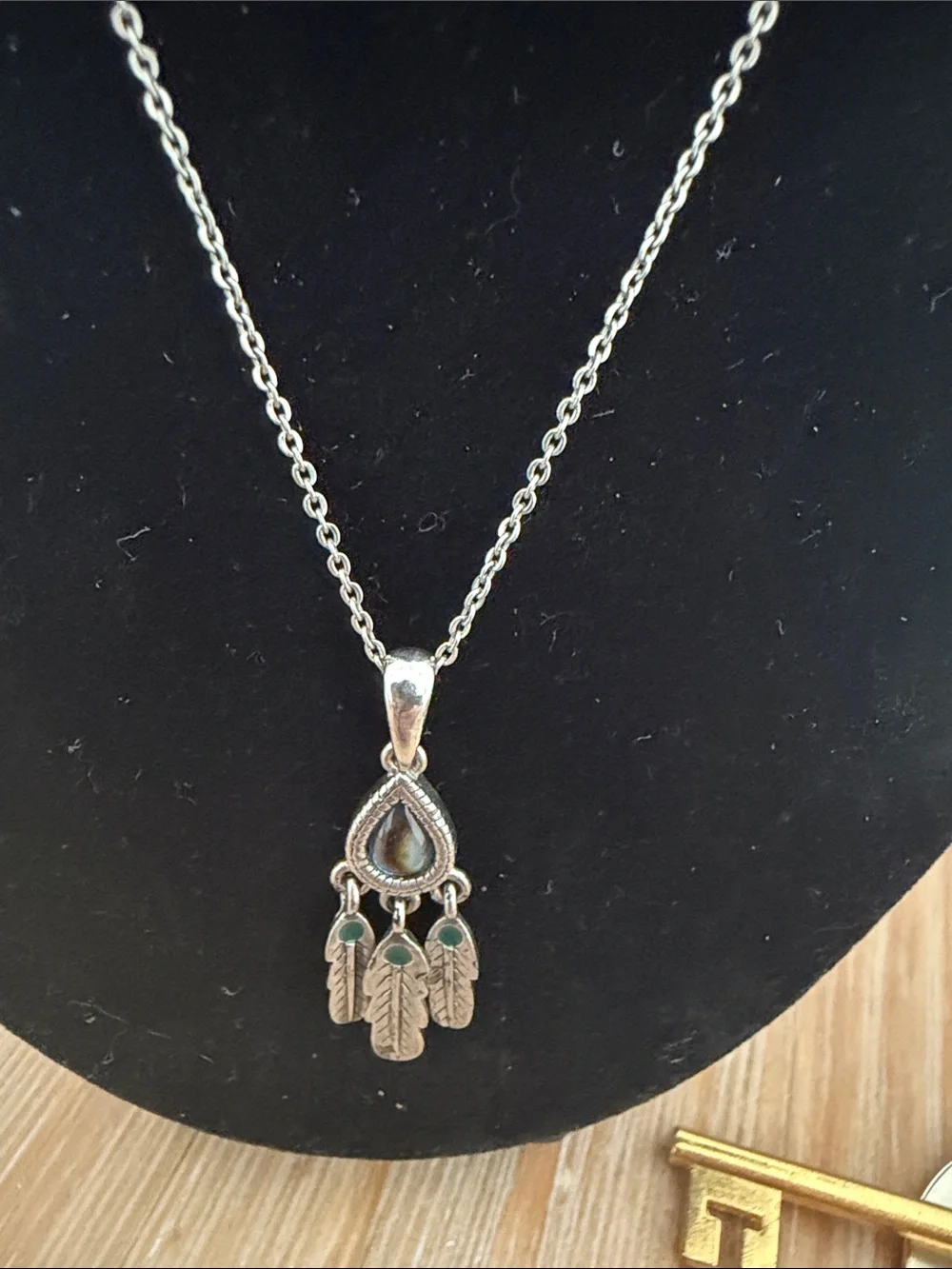 Sterling-Style Feather Pendant Necklace with Iridescent Stone - Silver